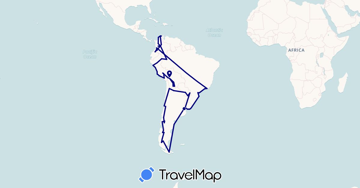TravelMap itinerary: driving in Argentina, Bolivia, Brazil, Chile, Colombia, Peru, Paraguay, Uruguay (South America)